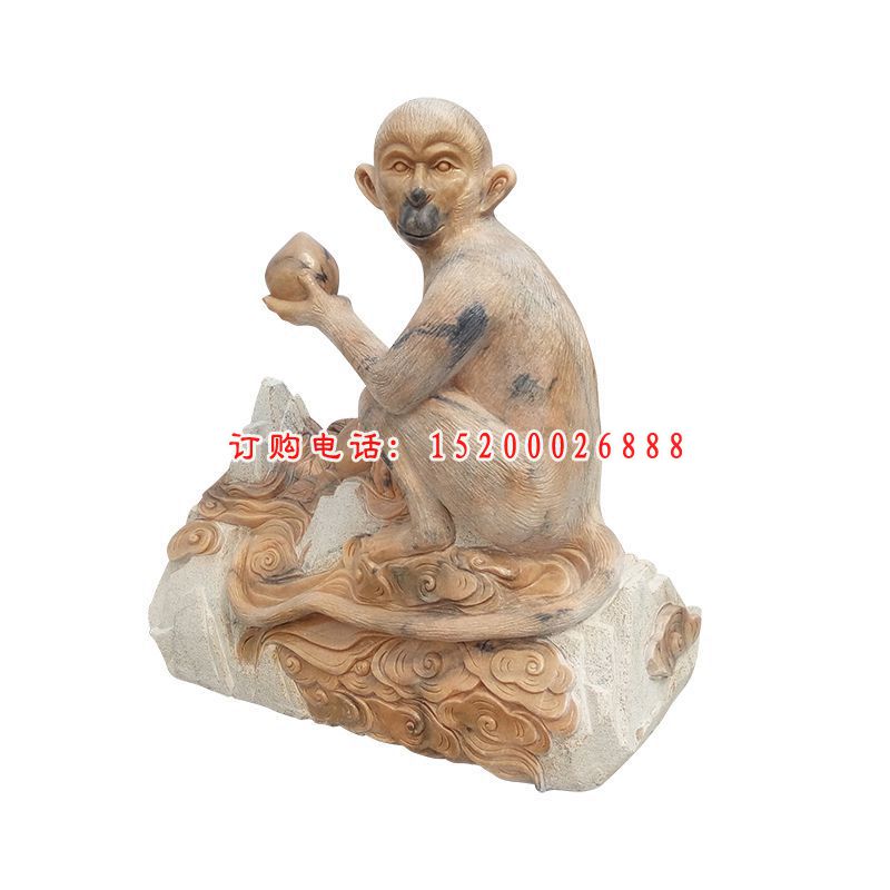 拿桃的猴子石雕 晚霞红动物石雕 (5)