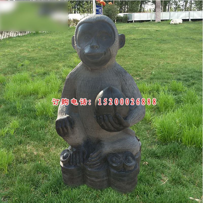 青石猴子雕塑，抱着桃子的小猴子石雕 (3)