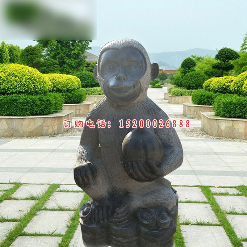 青石猴子雕塑，抱着桃子的小猴子石雕 (5)