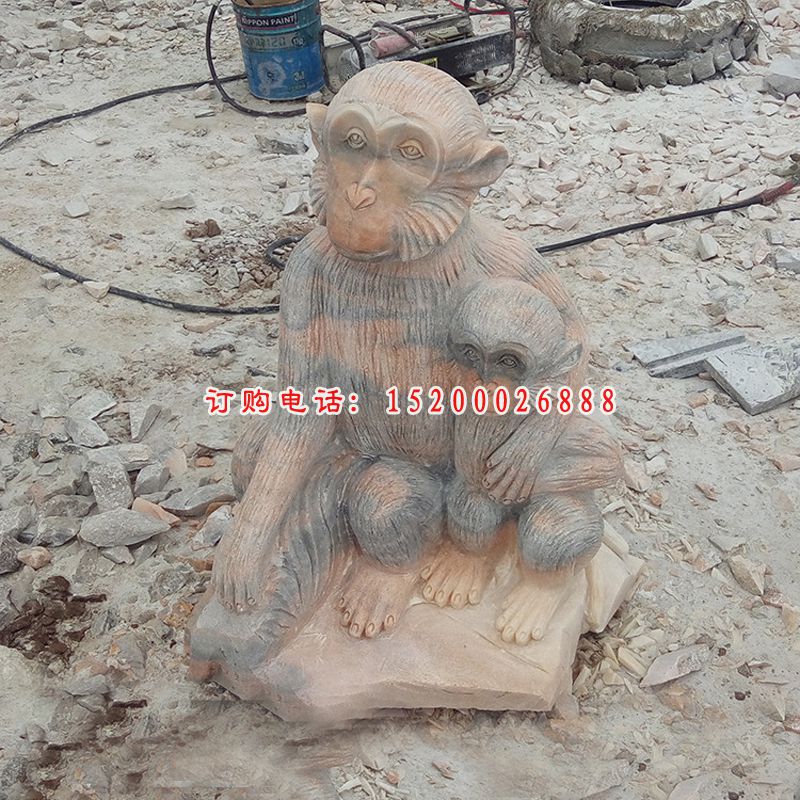 晚霞红母子猴 动物石雕 (2)