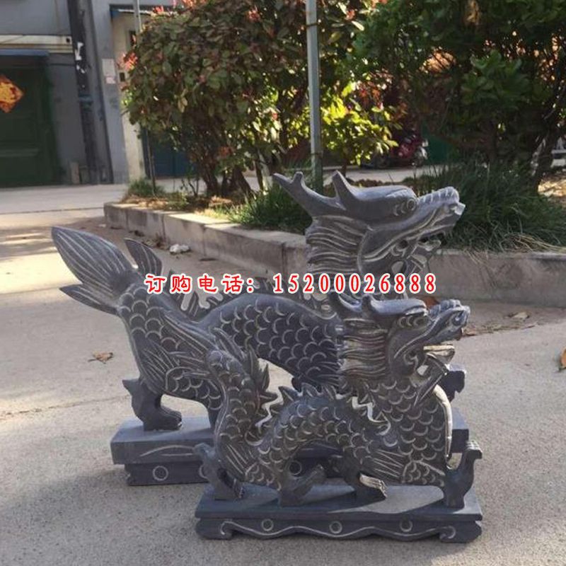 龙石雕，青石母子龙 (2)