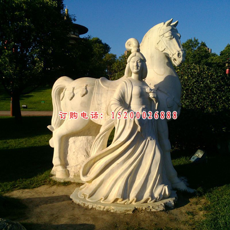 美女牵马石雕，人物与马雕塑 (2)