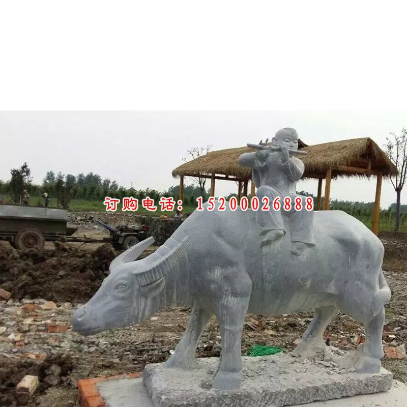 小孩放牛石雕，牧童吹笛石雕