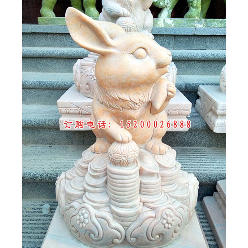 小兔子石雕，晚霞红动物雕塑
