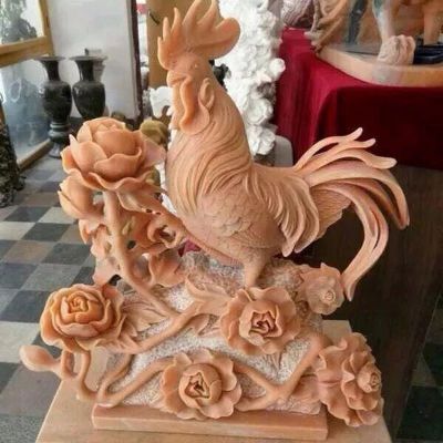 公鸡石雕 公鸡和牡丹花雕塑