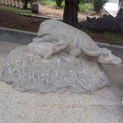 母子牛石雕，公园动物石雕 
