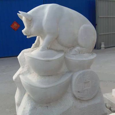 汉白玉十二生肖猪 公园动物雕塑