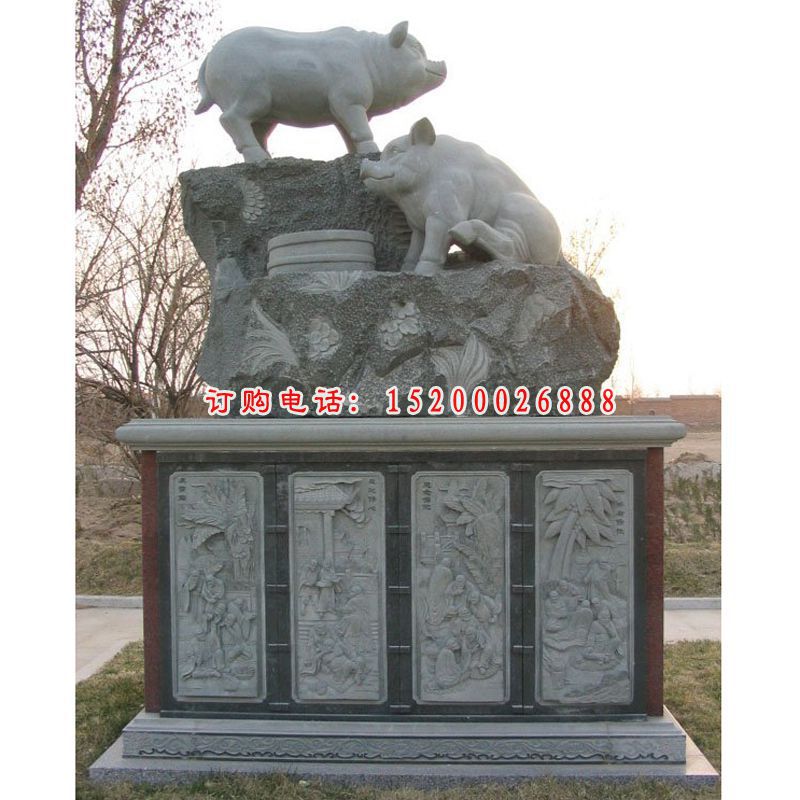 石雕猪雕，公园大理石猪雕塑，十二生肖石雕