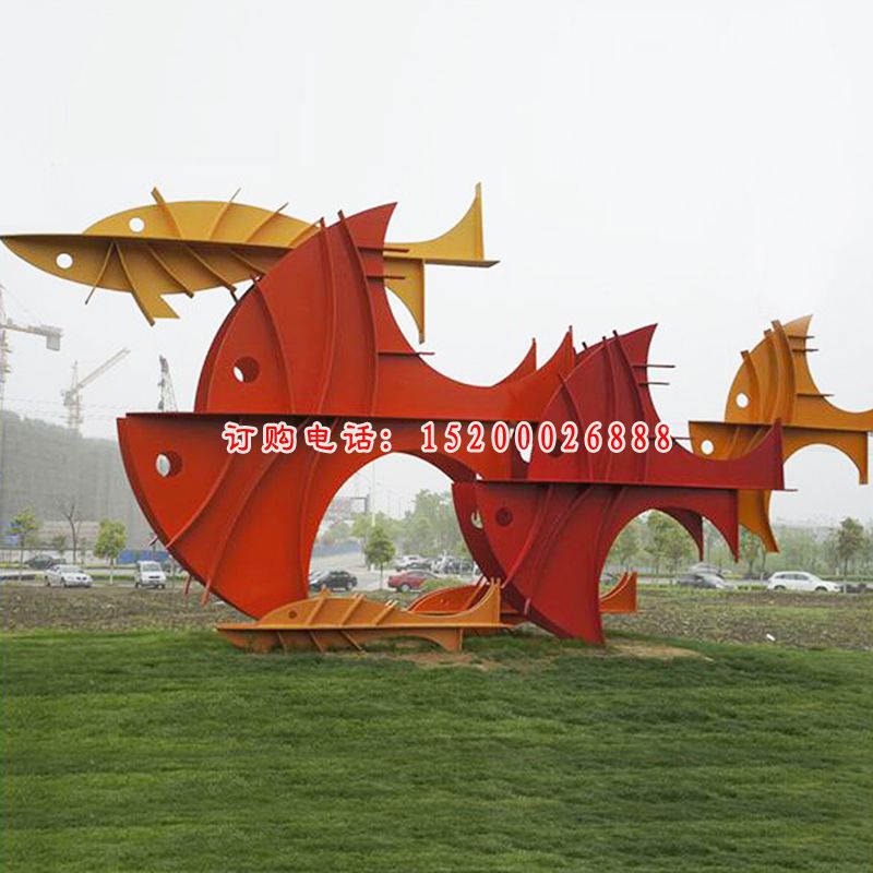 不锈钢抽象鱼雕塑，公园景观雕塑