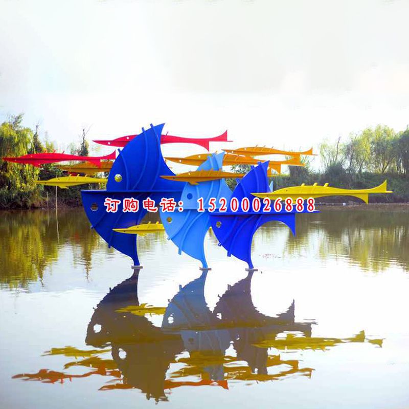 不锈钢抽象鱼雕塑，湖面景观雕塑