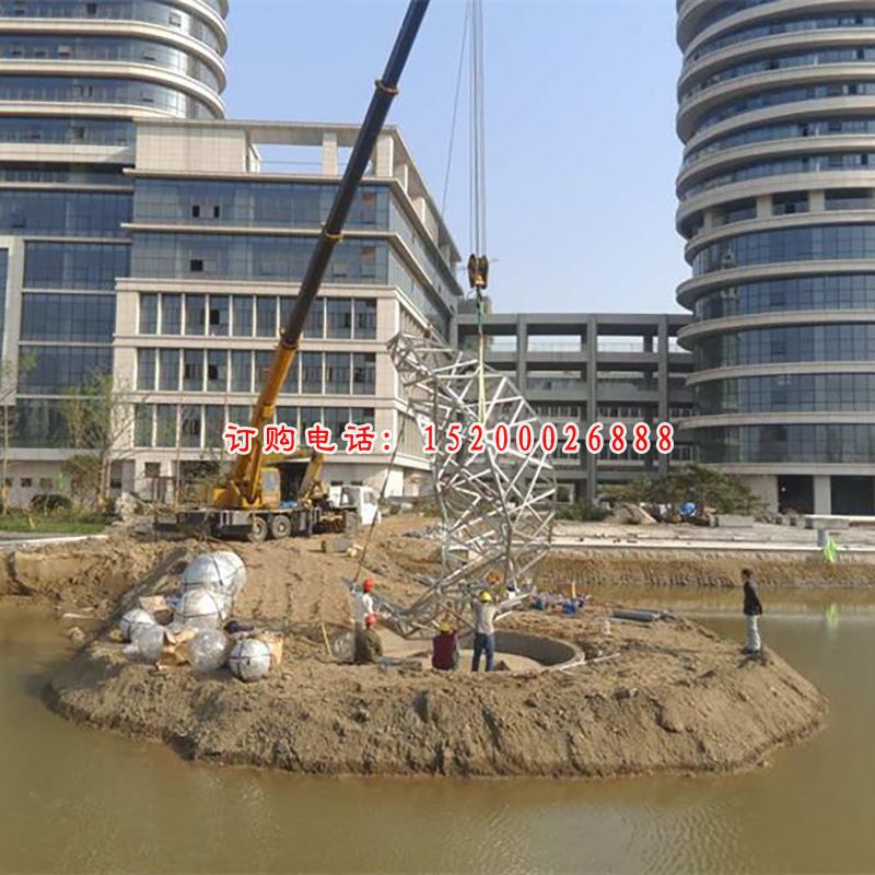 不锈钢企业雕塑，水塘边不锈钢雕塑 (3)