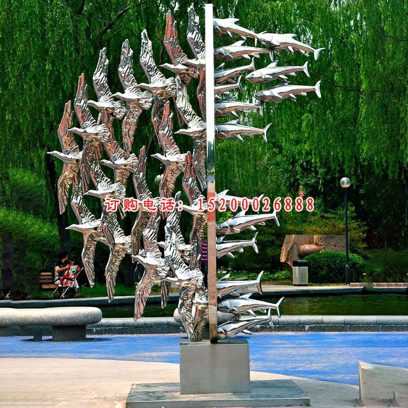 鱼变天鹅雕塑，不锈钢景观雕塑 (4)