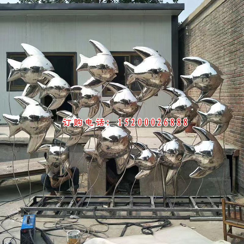 不锈钢鱼群雕塑，公园景观摆件