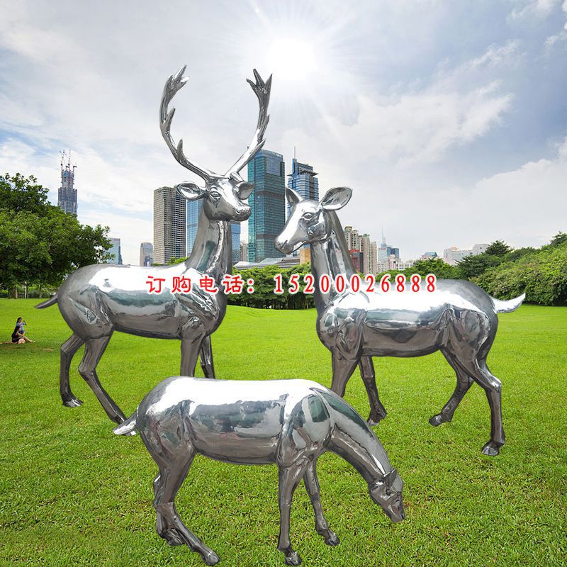 不锈钢镜面鹿雕塑，公园动物摆件
