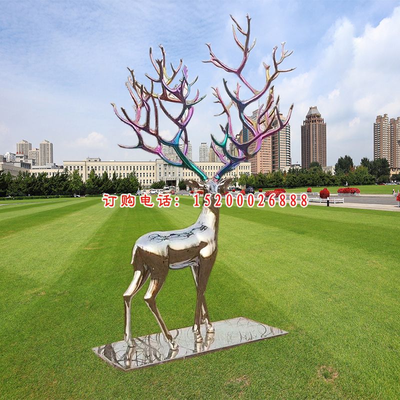 不锈钢镜面鹿雕塑，公园景观摆件
