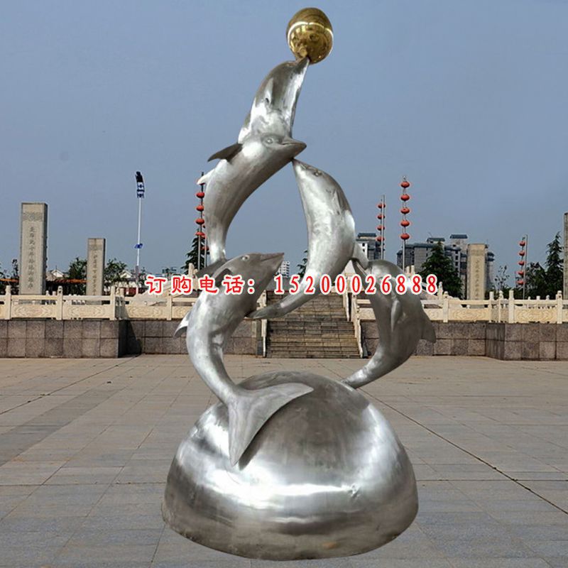 不锈钢海豚顶球雕塑，公园景观摆件