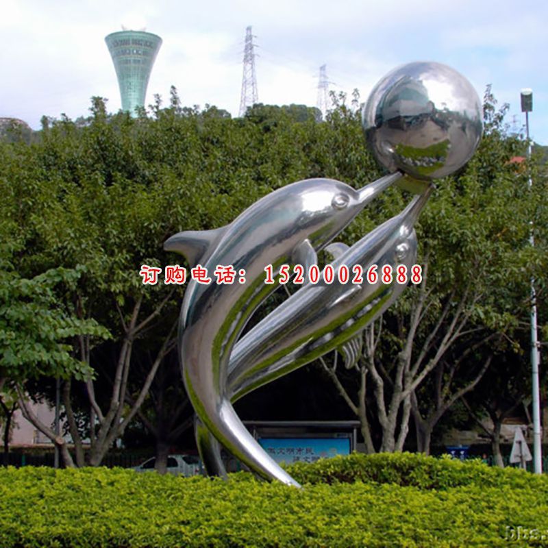 海豚顶球雕塑，公园不锈钢雕塑