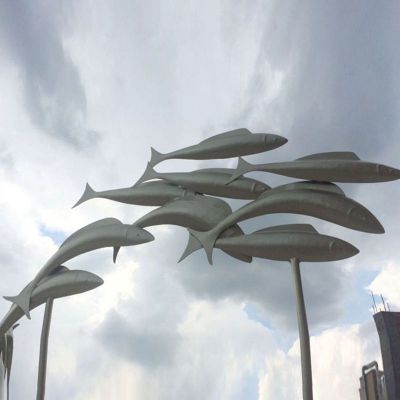 广场不锈钢抽象鱼群雕塑