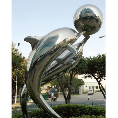 不锈钢海豚顶球，广场不锈钢雕塑
