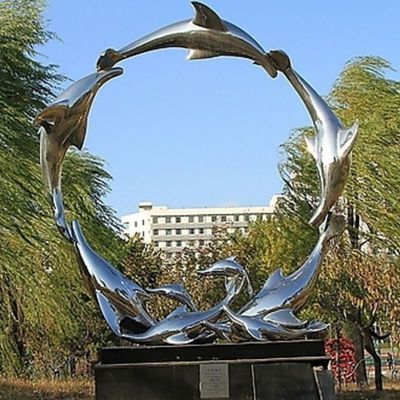 不锈钢海豚抽象圆环雕塑，公园景观摆件