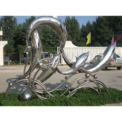 不锈钢浪花海豚雕塑