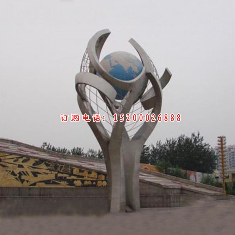 抽象创意手捧地球广场景观雕塑，不锈钢雕塑