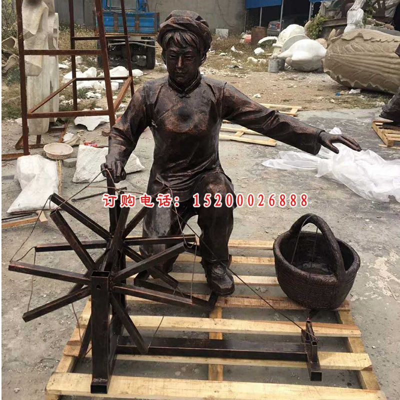 纺线人物铜雕，公园景观雕塑