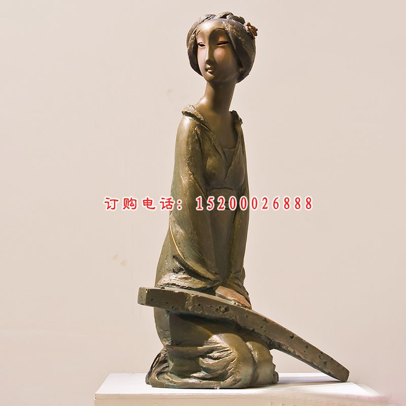 弹古筝的女人铜雕，古代人物雕塑