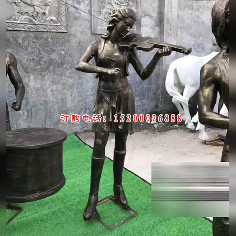 拉小提琴雕塑，玻璃钢仿铜人物