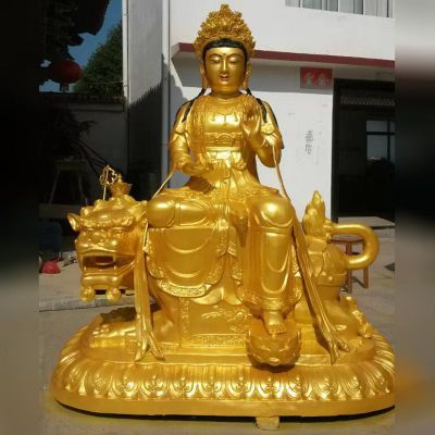 乘狮子的文殊菩萨铜雕