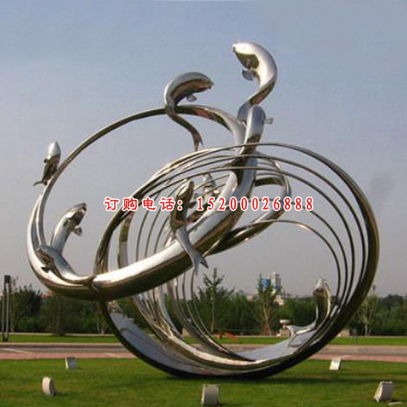 不锈钢海豚相接  广场景观雕塑 (4)
