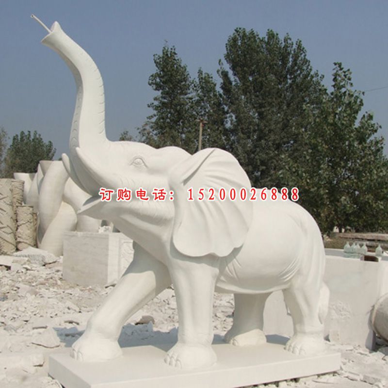 汉白玉石雕大象，鼻子向上大象雕塑
