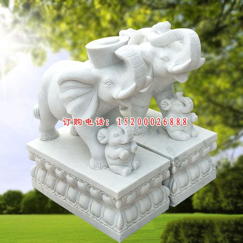 母子象石雕，汉白玉招财小象