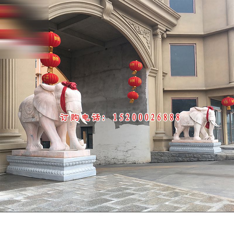 小区门口石雕大象，晚霞红镇宅大象石雕