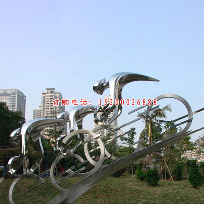 不锈钢抽象骑单车人物摆件，广场景观摆件