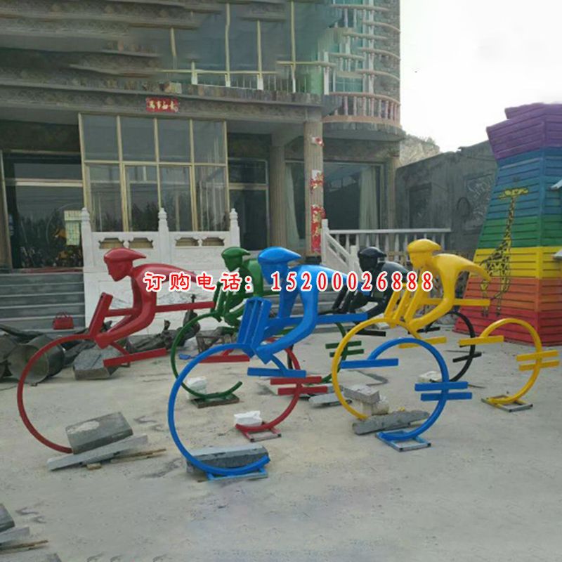 不锈钢抽象骑单车的人物雕塑，公园景观摆件