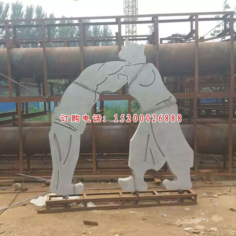 不锈钢蒙古人摔跤雕塑，不锈钢抽象人物雕塑