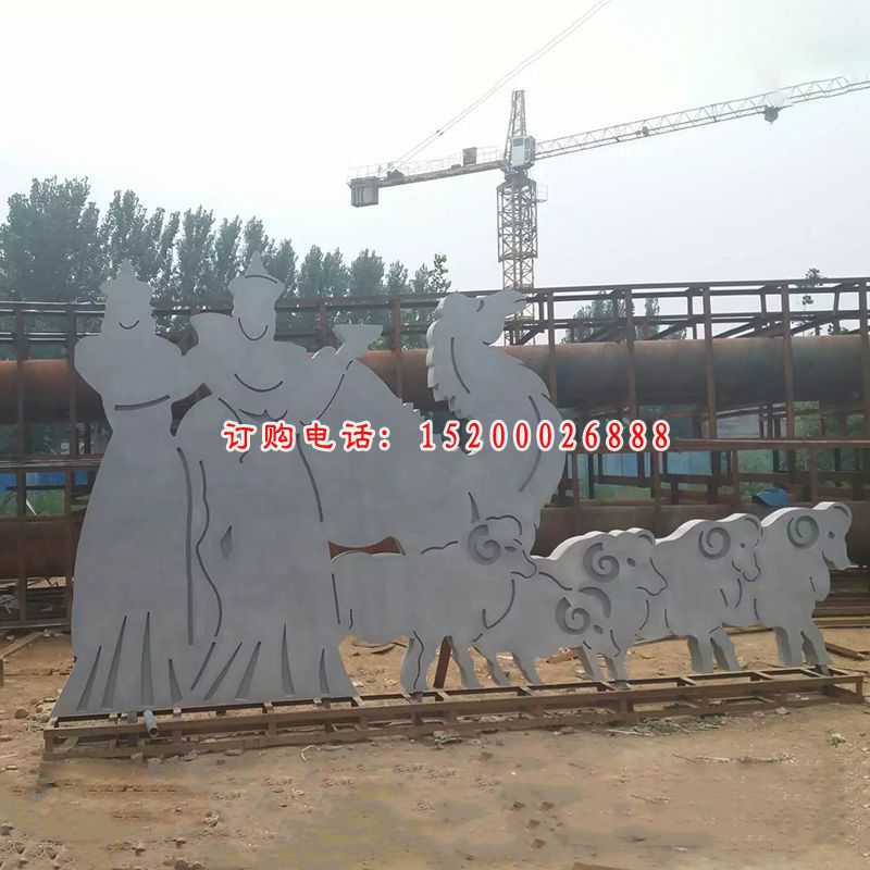 不锈钢牧羊雕塑，不锈钢蒙古人物雕塑