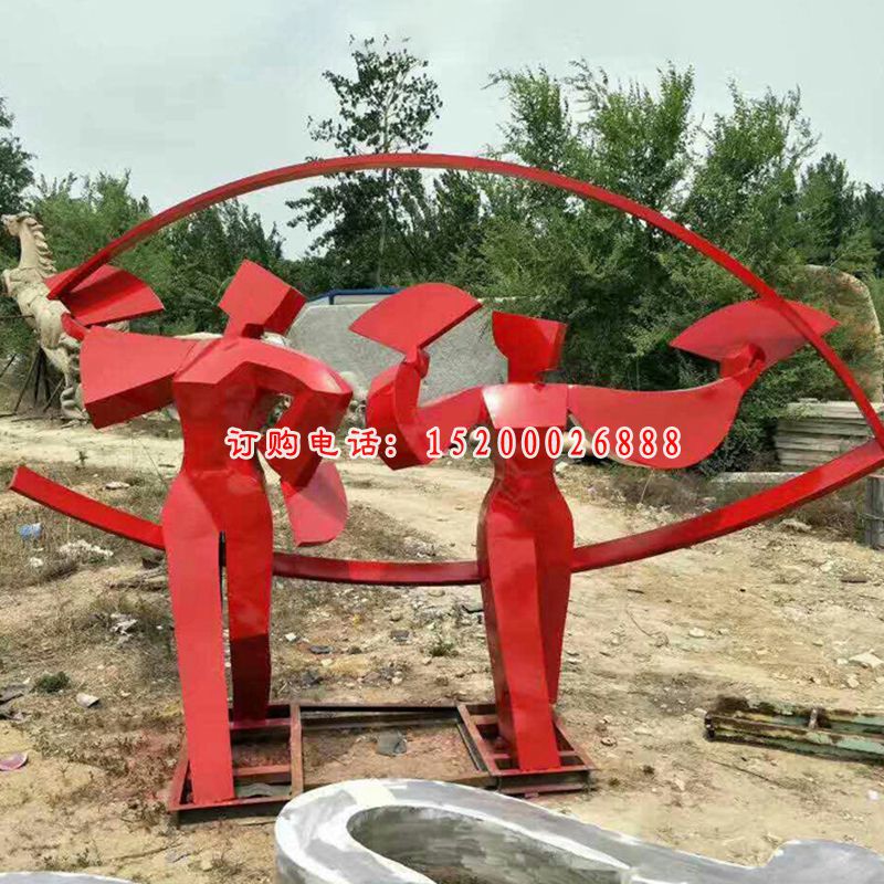 不锈钢抽象跳扇子舞的人物雕塑，公园景观摆件
