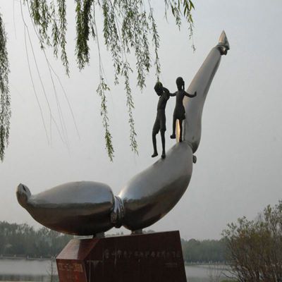 不锈钢站在海豚情侣  广场景观雕塑 