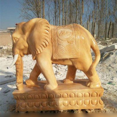 晚霞红大象石雕，吉祥大象雕塑 