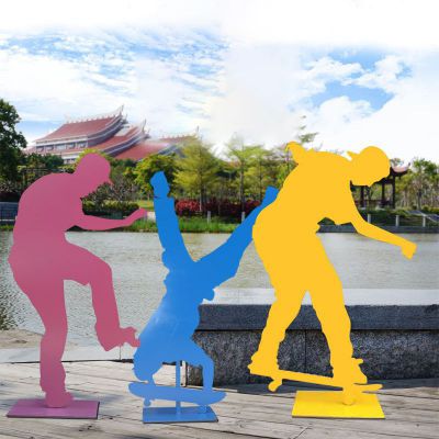 彩色不锈钢剪影滑板人物 公园抽象运动人物雕塑 