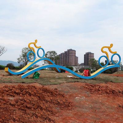 不锈钢抽象骑单车人物雕塑  公园景观摆件