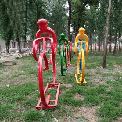 不锈钢抽象骑单车人物雕塑，公园景观摆件 