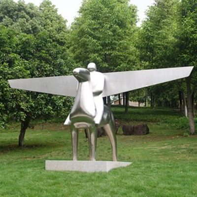不锈钢抽象骑飞马的人物雕塑 公园景观雕塑