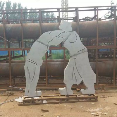 不锈钢蒙古人摔跤雕塑，不锈钢抽象人物雕塑
