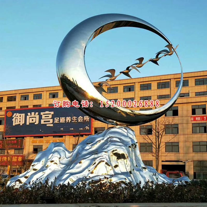 不锈钢大雁和假山雕塑，街边景观雕塑 (2)