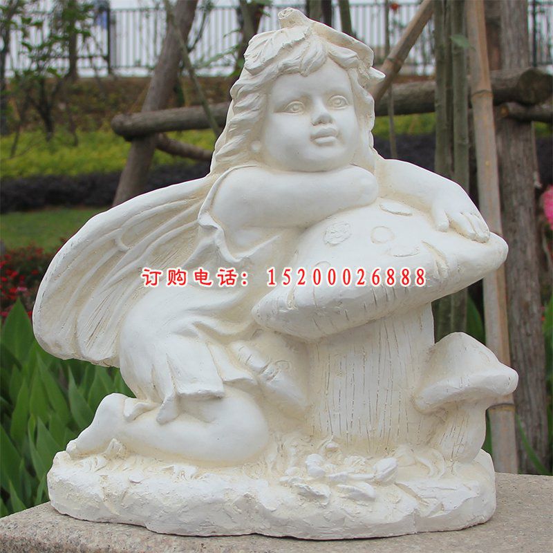 汉白玉西方蝴蝶仙子和蘑菇公园景观石雕