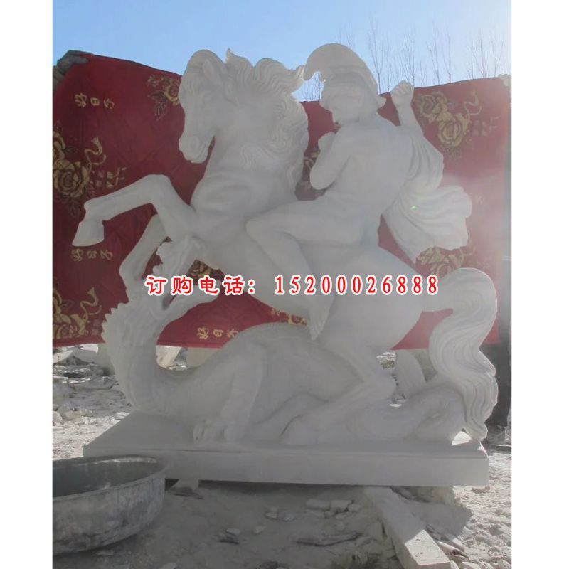 西方人物骑马石雕，汉白玉西方战士 (2)