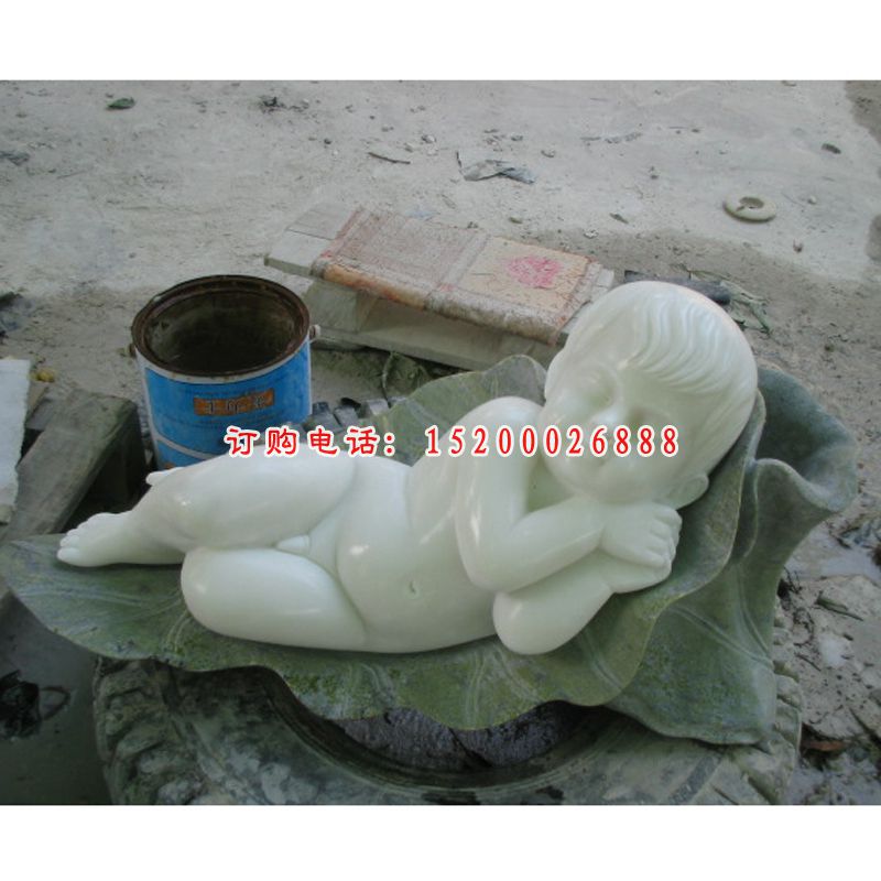 小孩睡觉石雕，汉白玉小孩睡觉石雕 (3)
